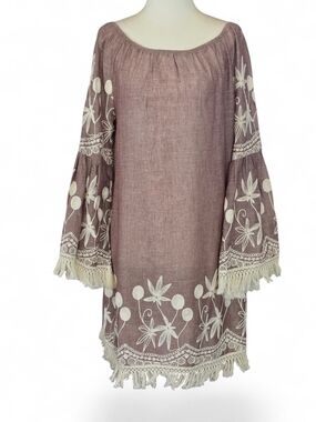 Indigo Soul Boho Embroidered Tassel Tunic Dress - Nuetral & Cream